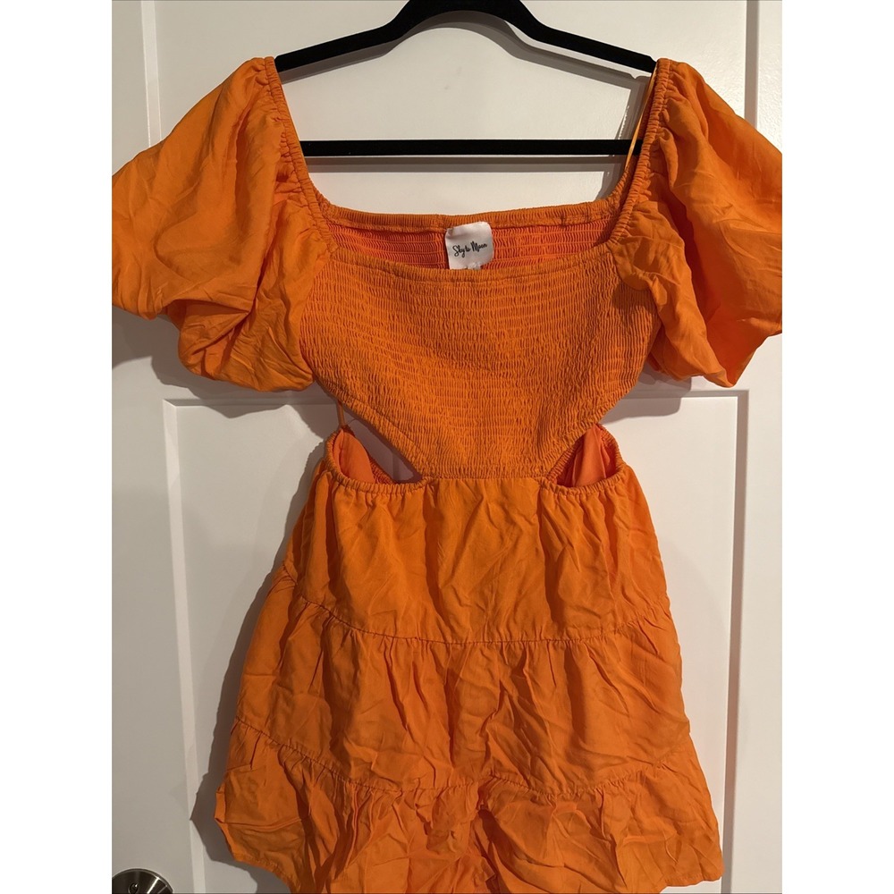 Sky to Moon Orange Cutout Smocked Puff Sleeve Mini Dress SM-D20165A L